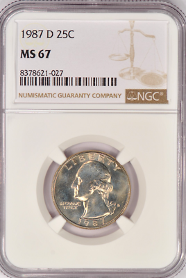 Comparison of a circulated 1987 Washington Quarter (left, worn and dull) versus an MS-67 gem example (right, full cartwheel luster, minimal marks)