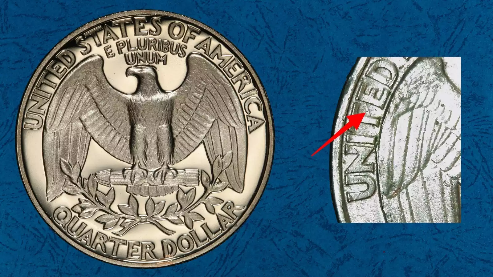 1987-S Washington Quarter proof die crack error showing a raised line across the mirror-polished proof fields, created when the die developed a crack under repeated striking pressure