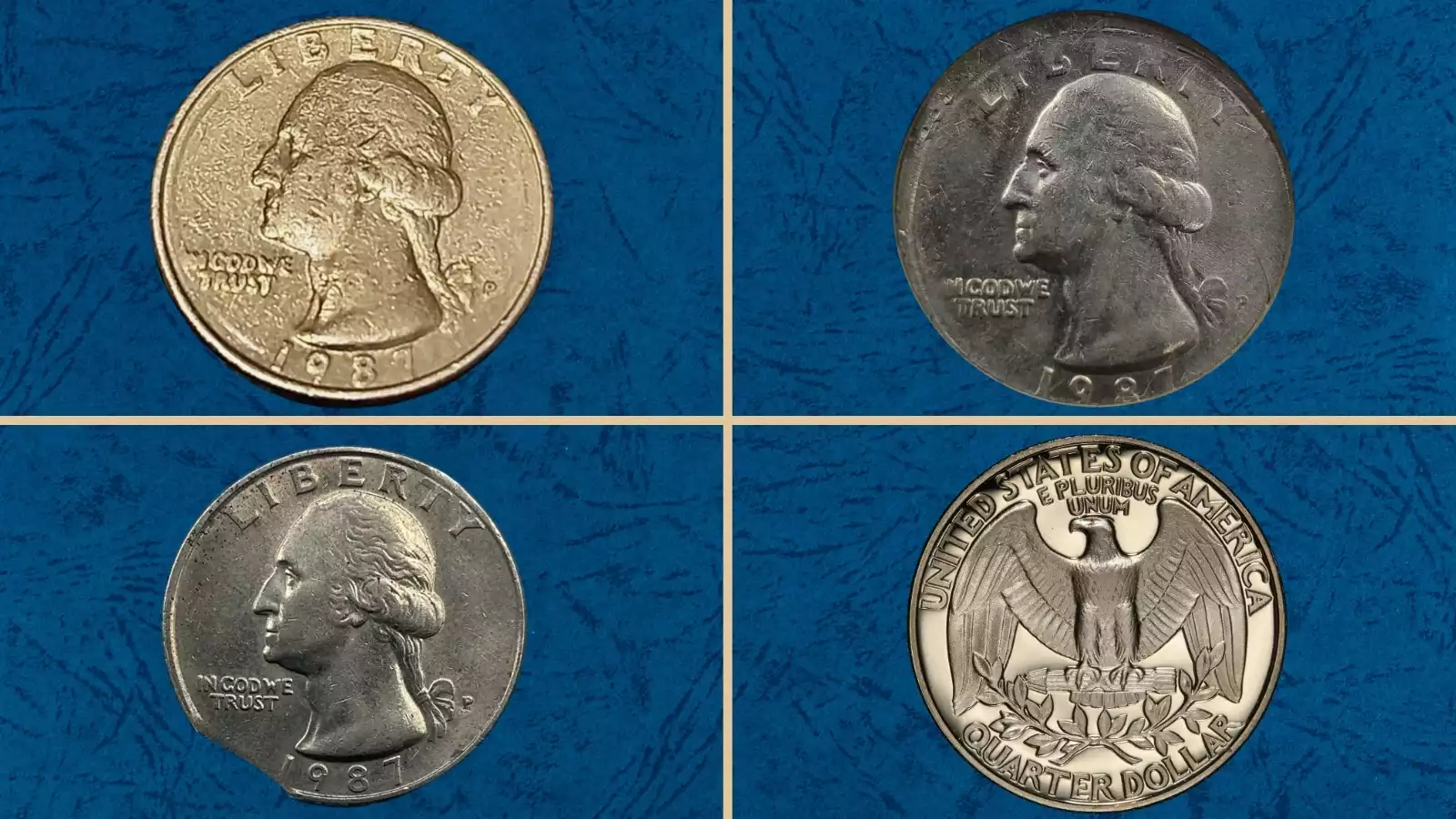 Group shot of typical 1987 Washington Quarter specimens showing the range from circulated to uncirculated condition, representing the massive 1987 mintage